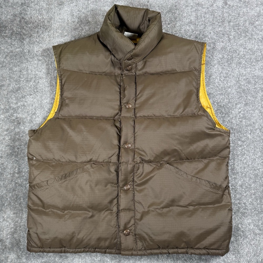 Vintage Down Designs Vest Men's Medium Brown Zero Zone Puffer Snap Up Nylon